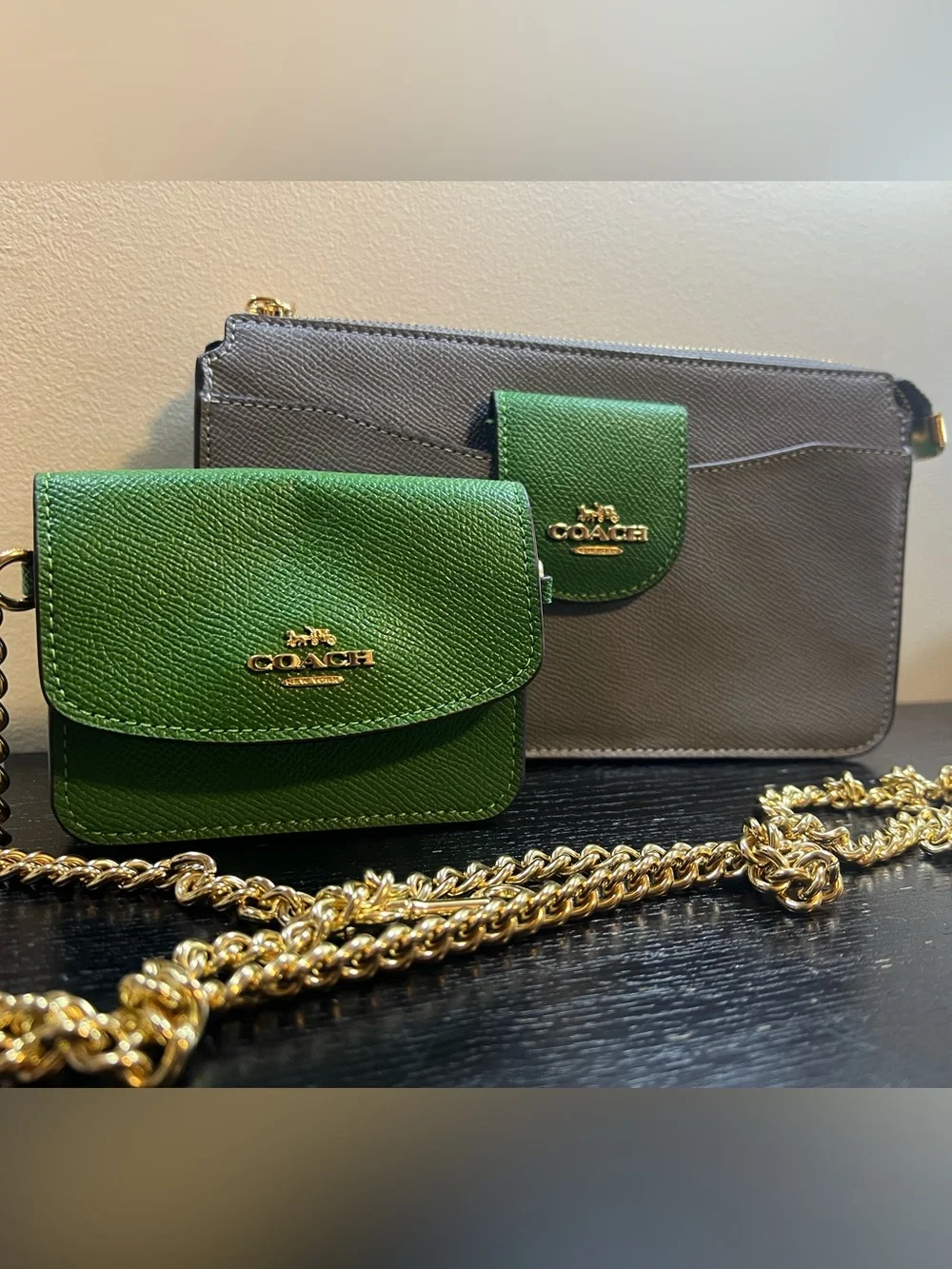 Coach Poppy Crossbody Bag set in a colorblock stone and kelly green